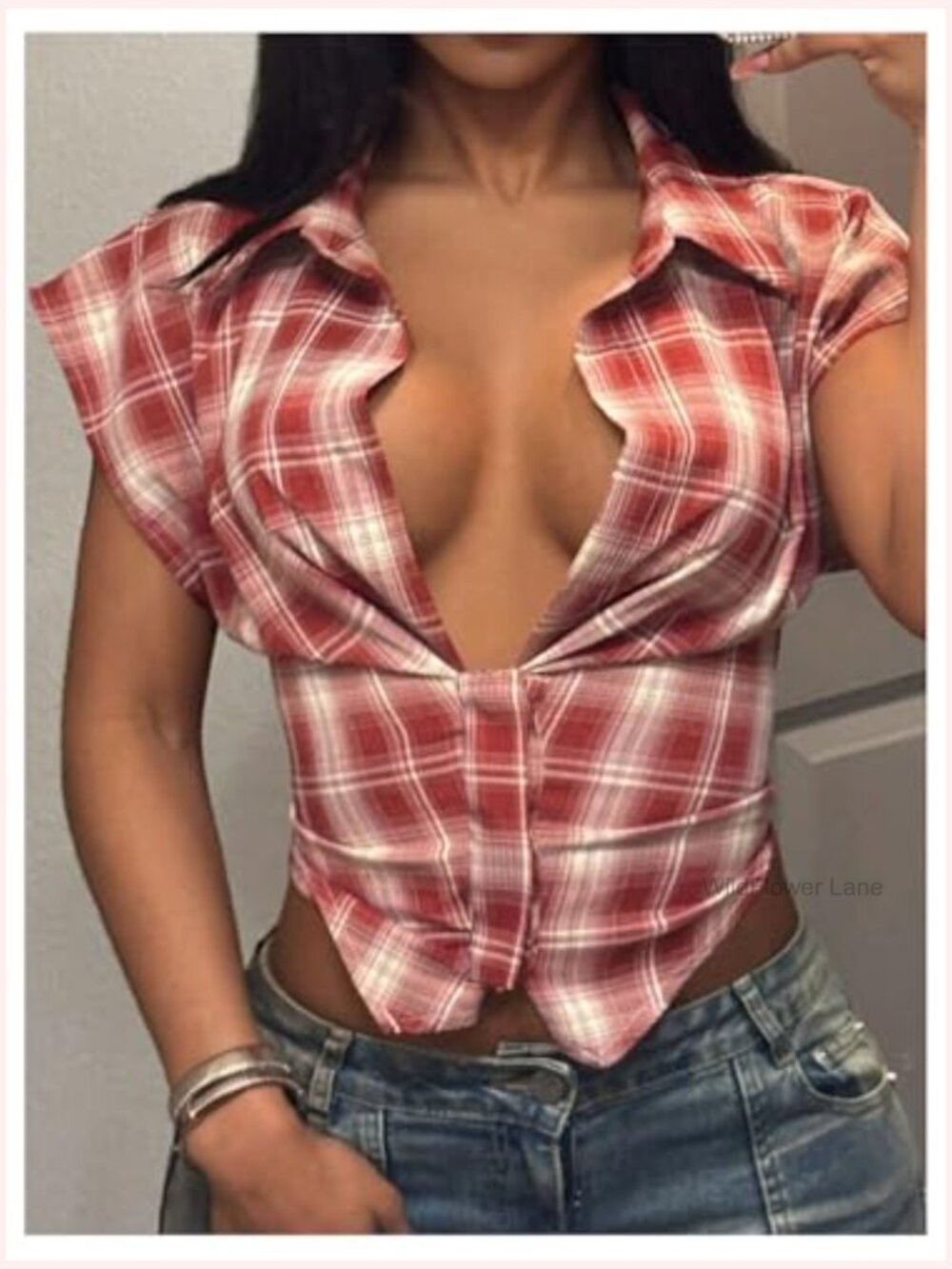 Y2K Deep V Plaid Dolman Sleeve Button Down Crop Top Blouse - Picture 3 of 4